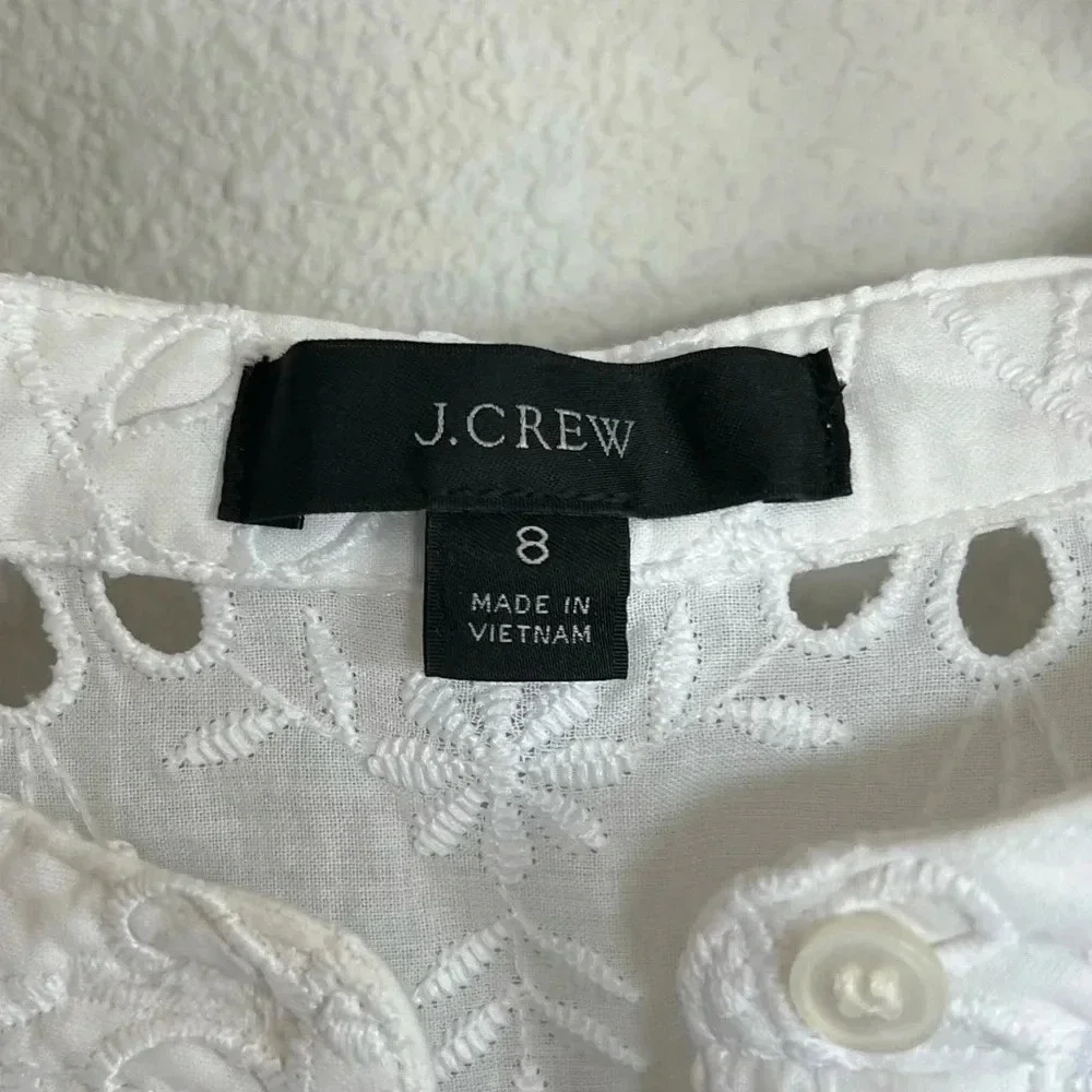 J. CREW Tiered Skirt Pop Over Shirt Dress White Eyelet Casual Women’s 8